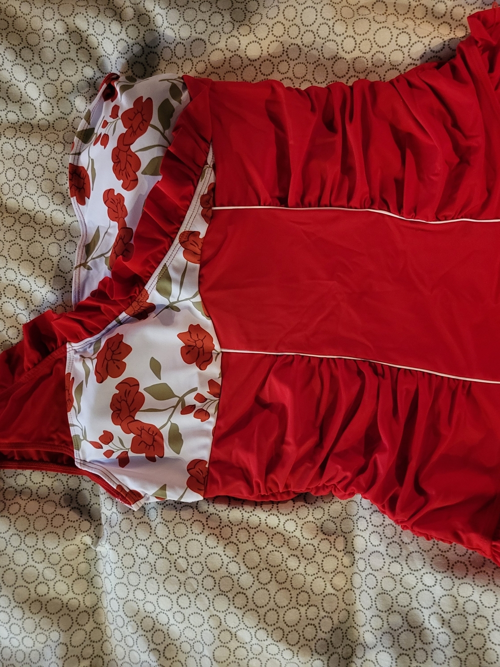 Red Floral Panel One-Piece Swimsuit with Ruffle Accents - Womens